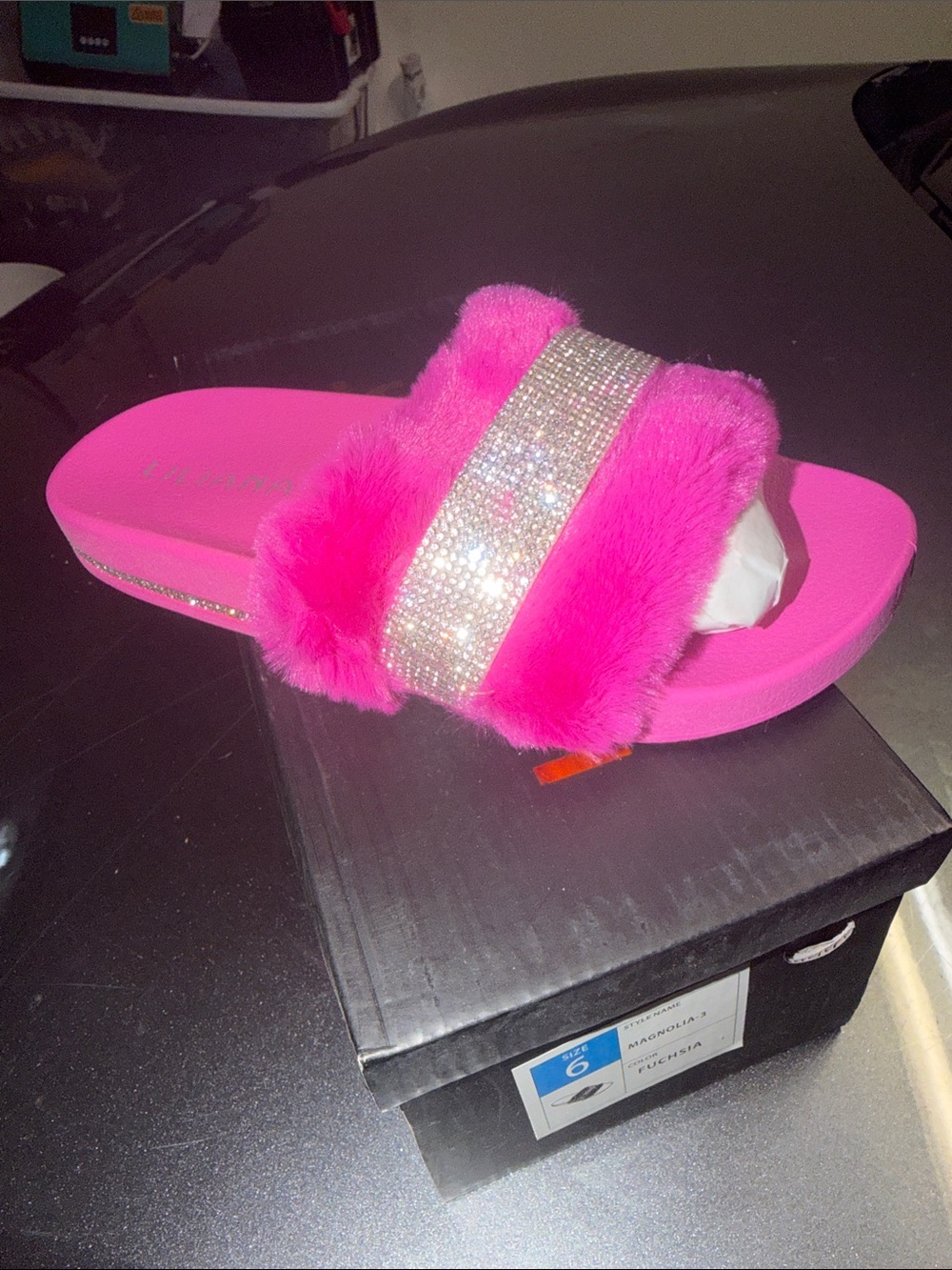 Liliana Hot Pink Faux Fur Slide with Rhinestone Band